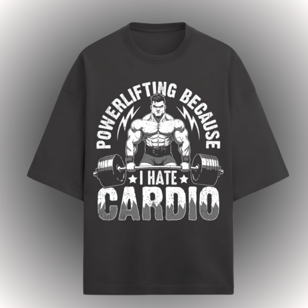 I Hate Cardio - A one-of-a-kind Terry Oversized T-Shirt designed for fitness enthusiasts who embrace humour in their workouts!