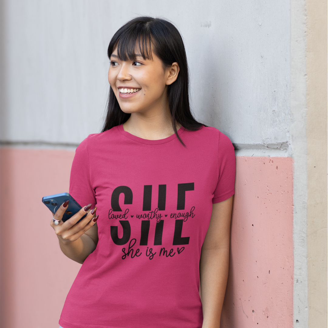 She is Me – A timeless round-neck women's top that celebrates the confident, empowered, and authentic you!